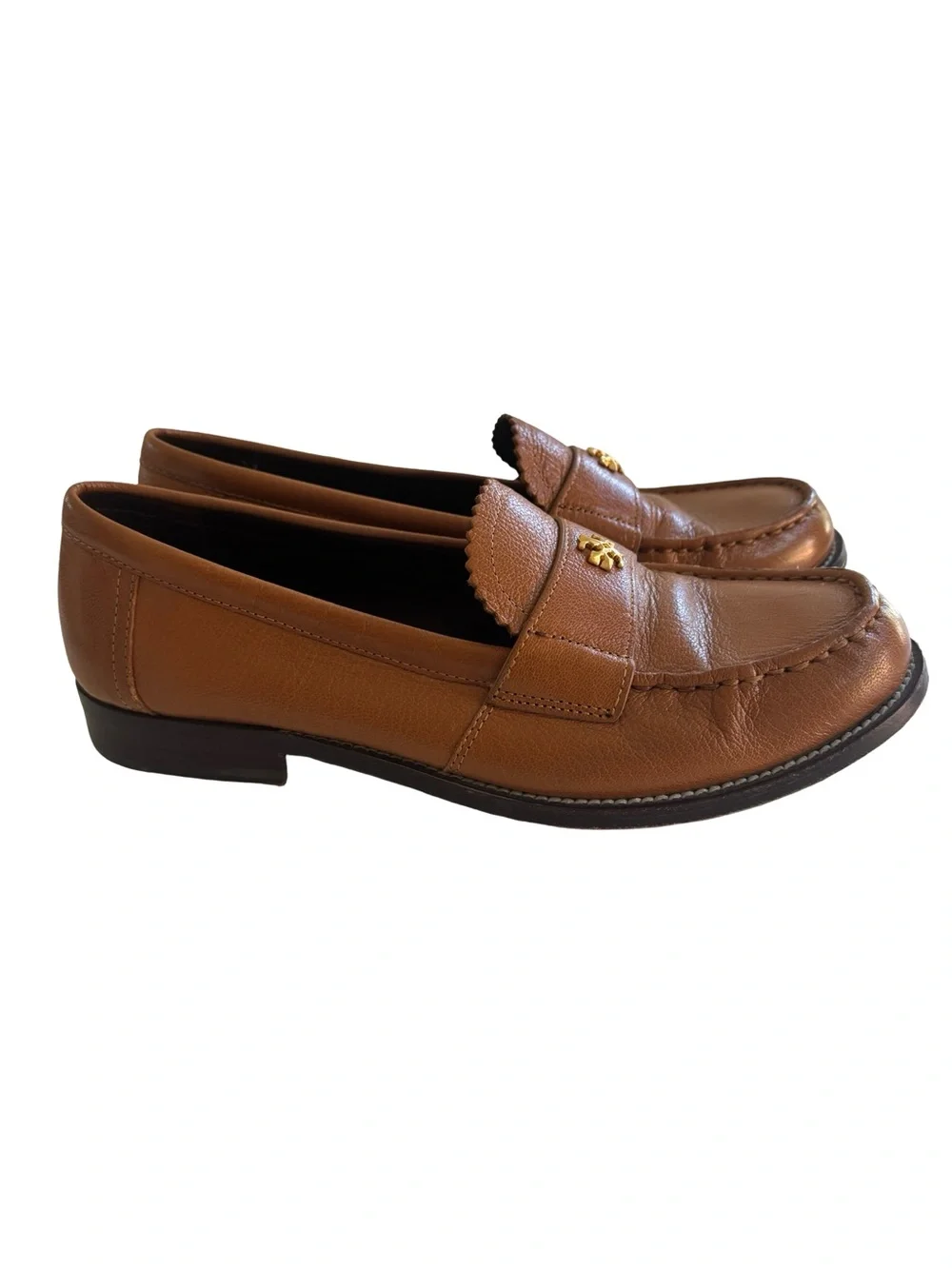 Tory Burch Women’s Classic Leather Penny Loafers Gold Logo Sz 7